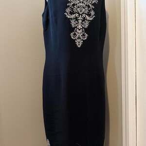 black Blue Ivory Embroidered Sleeveless Midi Dress Baroque Floral Elegant